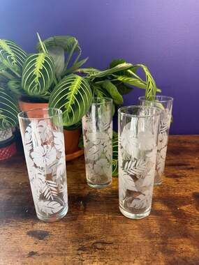 4 Rare Vintage Hawaiian Flowers Hand Etched 7" Highball Glasses MCM Hawaiian Tik